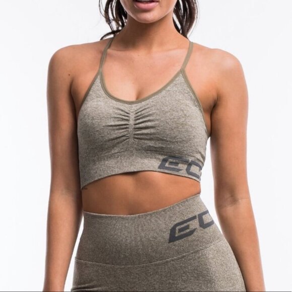 ECHT Other - ECHT Women's Medium Arise Scrunch Sports Bra Green Grey Logo Band Strappy Padded
